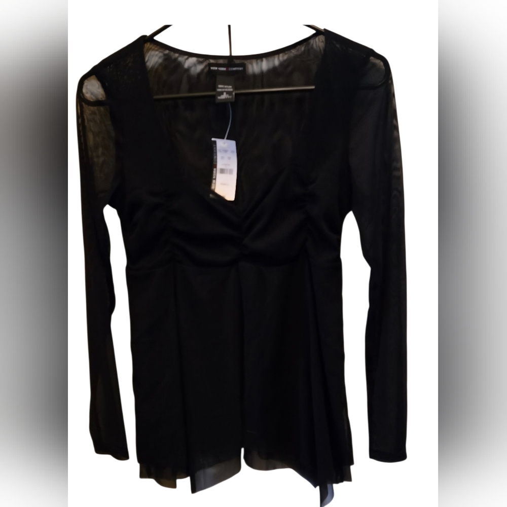 New York & Company Black Asymmetrical Fitted Long Sleeve Y2k Blouse